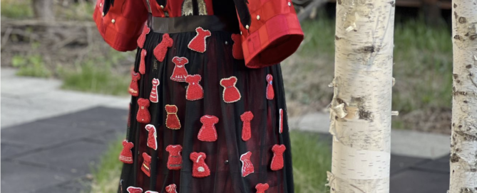 Red dress with little beaded red dress pins